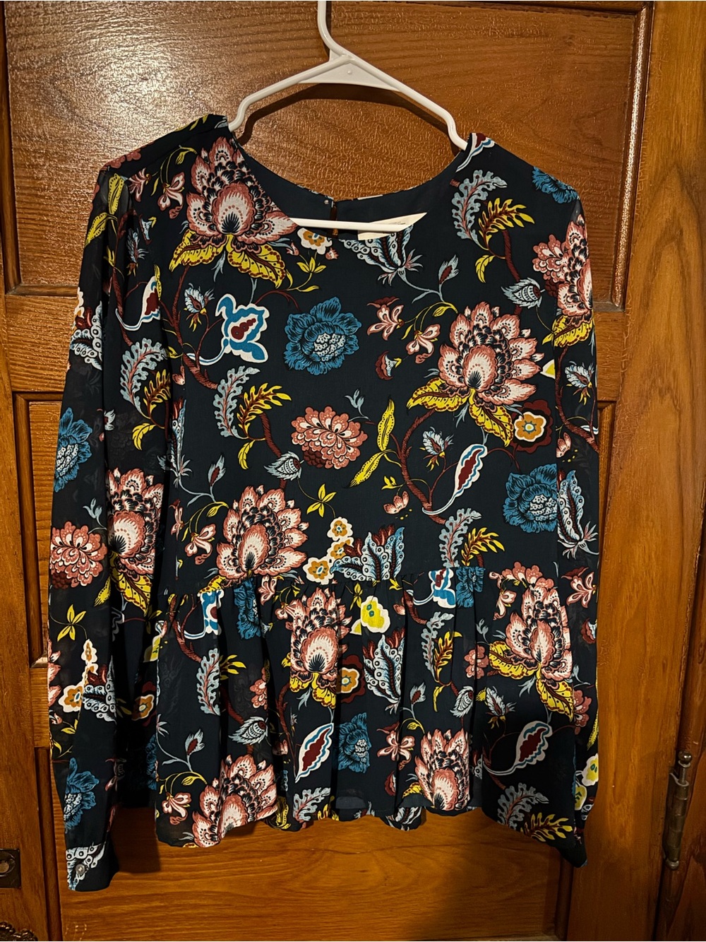 LOFT Black Floral Peplum Tunic with Coral, Teal & Yellow Accents